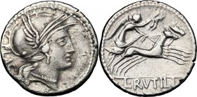 L. Rutilius Flaccus. AR Denarius, 77 BC. D/ Helmeted head of Roma right; behind, FLAC. R/ Victory in biga right, holding reins and wreath; in exergue,...