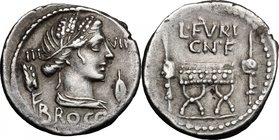 L. Furius Cn. f. Brocchus. AR Denarius, 63 BC. D/ Head of Ceres right; across field, III-VIR; at sides, corn-ear and barley-grain. Below, BROCCHI. R/ ...