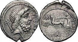 P. Plautius Hypsaeus. AR Denarius, 60 BC. D/ Head of Neptune right; behind, trident; before, P YPSAE S C. R/ Jupiter in quadriga left, holding reins a...