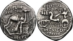 M. Aemilius Scaurus and Pub. Plautius Hypsaeus. AR Denarius, 58 BC. D/ Camel right; before, king Aretas kneeling right, holding reins in left hand and...