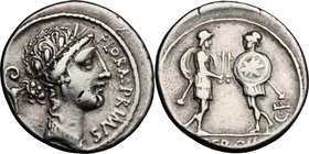 C. Servilius C.f. AR Denarius, 57 BC. D/ FLORAL PRIMVS. Wreathed head of Flora right; in left field, lituus. R/ Two soldiers facing each other and pre...