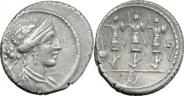 Faustus Cornelius Sulla. AR Denarius, 56 BC. D/ Laureate, diademed and draped bust of Venus right, sceptre on shoulder, S.C. behind. R/ Three military...
