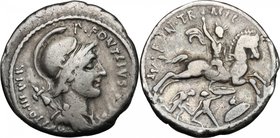 P. Fonteius P.f. Capito. AR Denarius, 55 BC. D/ P. FONTEIVS P.F. CAPITO III VIR. Helmeted and draped bust of Mars right, with trophy over shoulder. R/...