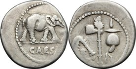 Julius Caesar. AR Denarius, mint moving with Caesar, 49-48 BC. D/ Elephant advancing right, trampling on horned serpent; in exergue, CAESAR. R/ Pontif...