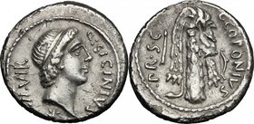 Q. Sicinius and C. Coponius. AR Denarius, 49 BC. D/ Q. SICINIVS III VIR. Diademed head of Apollo right; below, star. R/ C. COPIONIVS PR. S.C. The club...