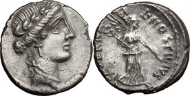 L. Hostilius Saserna. AR Denarius, 48 BC. D/ Female head right, wearing oak-wreath and diadem. R/ L·HOSTILIVS SASERNA. Victory advancing right, holdin...