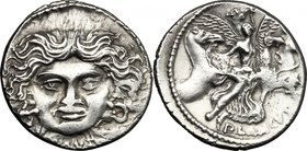 L. Plautius Plancus. AR Denarius, 47 BC. D/ Head of Medusa facing, with coiled snake on either side; below, L. PLAVTIVS. R/ Victory facing, holding pa...