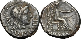 M. Porcius Cato. AR Quinarius, 47- 46 BC. Africa. D/ Head of Liber right, crowned with ivy wreath; below, M. CATO PRO PR. R/ Victory seated right, hol...