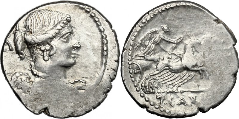 T. Carisius. AR Denarius, 46 BC. D/ Bust of Victory right; behind, [SC]. R/ Vict...
