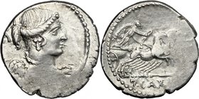 T. Carisius. AR Denarius, 46 BC. D/ Bust of Victory right; behind, [SC]. R/ Victory in quadriga right; in exergue, T. CARISI. Cr. 464/5. B. 3. AR. g. ...