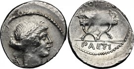 C. Considius Paetus. AR Denarius, 46 BC. D/ Laureate head of Apollo right, behind, A. R/ C. CONSIDI. Curule chair; in exergue, PAETI. Cr. 465/2a. B.2....
