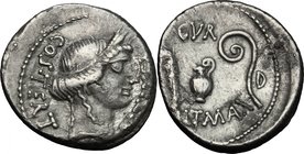 Julius Caesar. AR Denarius, 46 BC. Sicily (?). D/ COS. TERT - DICT. ITER. Head of Ceres right, wearing wreath of barley. R/ AVGVR/PONT. MAX. Culullus,...