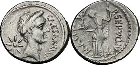 Julius Caesar. AR Denarius, 44 BC. D/ CAESAR IMP. Wreathed head of Caesar right; behind, eight-rayed star. R/ P SEPVLLIVS MACER. Venus standing left, ...