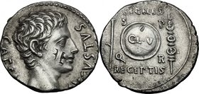 Augustus (27 BC-14 AD). AR Denarius, 18 BC. D/ CAESAR AVGVSTVS. Bare head right. R/ SIGNIS RECEPTIS / SPQR / CL V. Clipeus virtutis between eagle and ...