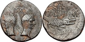 Augustus (27 BC - 14 AD) with Agrippa (died 12 BC). AE As, Nemausus mint, Gaul. D/ IMP/DIVI F. Bust of Agrippa, wearing combined rostral crown and lau...