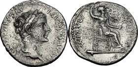 Tiberius (14-37). AR Denarius "Tribute Penny", Lugdunum mint. D/ TI CAESAR DIVI AVG F AVGVSTVS. Laureate head right. R/ PONT[IF] MAXIM. Livia as Pax s...