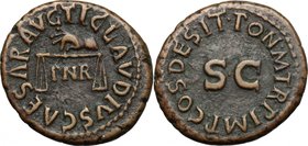 Claudius (41-54). AE Quadrans, c. 41-42 AD. D/ TI CLAVDIVS CAESAR AVG. Hand holding scales; in field, P. N. R. R/ PON M TR P IMP COS DES IT around lar...