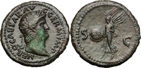 Nero (54-68). AE As, c. 65 AD. D/ NERO CAESAR AVG GERM IMP. Laureate head right. R/ S C. Victory flying left, holding shield inscribed S P Q R. RIC 31...