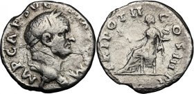 Vespasian (69-79). AR Denarius, 70-72 AD. D/ IMP CAES VESP AVG PM. Laureate head right. R/ TRI POT II COS III PP. Pax seated left, holding branch and ...
