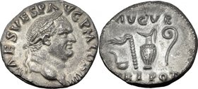 Vespasian (69-79). AR Denarius, 72-73 AD. D/ IMP CAES VESP AVG P M COS IIII. Laureate head right. R/ Simpulum, aspergillum, jug and lituus. RIC 42. C....