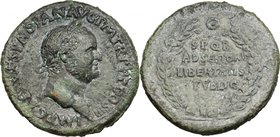 Vespasian (69-79 AD.). AE Sestertius. D/ IMP CAES VESPASIAN AVG PM TR PP P COS III. Laureate head right. R/ SPQR / ADSERTORI / LIBERTATIS / PVBLIC wit...