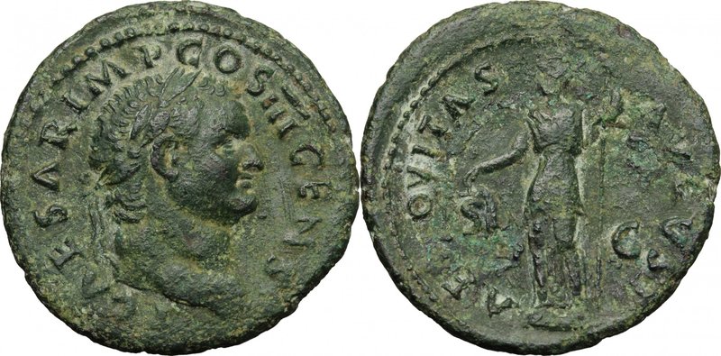 Titus as Caesar (69-79). AE As, 74 AD. D/ T CAESAR IMP COS III CENS. Laureate he...