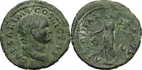 Titus as Caesar (69-79). AE As, 74 AD. D/ T CAESAR IMP COS III CENS. Laureate head right. R/ AEQVITAS AVGVST SC. Aequitas standing left, holding scale...