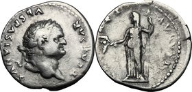 Titus as Caesar (69-79). AR Denarius, 77-78 AD. D/ T CAESAR VESPASIANVS. Laureate head right. R/ CERES AVGVST. Ceres standing left, holding grain ears...