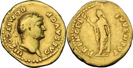 Domitian as Caesar (69-81). AV Aureus, 74-75 AD. D/ CAES AVG F DOMIT COS III. Laureate head right. R/ PRINCEPS IVVENTVTI. Spes advancing left, holding...
