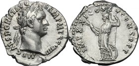 Domitian (81-96). AR Denarius, 90 AD. D/ IMP CAES DOMIT AVG GERM PM TR P VIIII. Laureate head right. R/ IMP XXI COS XV CENS PPP. Minerva standing left...