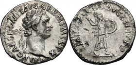 Domitian (81-96). AR Denarius, 90-91 AD. D/ IMP CAES DOMIT AVG GERM PM TR P X. Laureate head right. R/ IMP XXI COS XV CENS PPP. Minerva advancing righ...