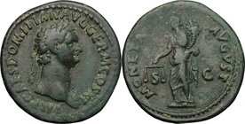 Domitian (81-96). AE As, 85 AD. D/ IMP CAES DOMITIAN AVG GERM COS XI. Laureate bust right, with aegis. R/ MONETA AVGVST SC. Moneta standing left, hold...