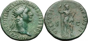 Domitian (81-96). AE Dupondius, 95-96 AD. D/ IMP CAES DOMIT AVG GERM COS XVII CENS PER PP. Radiate head right. R/ VIRTVTI AVGVSTI SC. Virtus standing ...