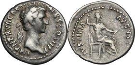Nerva (96-98). AR Denarius, 96 AD. D/ IMP NERVA CAES AVG PM TR P COS II PP. Laureate head right. R/ IVSTITIA AVGVST. Justitia seated right, holding sc...