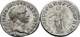 Trajan (98-117). AR Denarius, 103-111. D/ IMP TRAIANO AVG GER DAC PM TR P. Laureate bust right, slight drapery on far shoulder. R/ COS V P P SPQR OPTI...