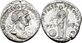 Trajan (98-117). AR Denarius, 114-117 AD. D/ IMP CAES NER TRAIAN OPTIM AVG GERM DAC. Laureate bust right, with slight drapery. R/ PARTHICO PM TR P COS...