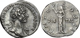 Hadrian (117-138). AR Denarius,. D/ IMP CAESAR TRAIAN HADRIANVS AVG. Laureate and cuirassed bust right. R/ PM TR P COS II PIET-TAS. Pietas standing fa...