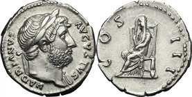 Hadrian (117-138). AR Denarius, 125-128. D/ HADRIANVS AVGVSTVS. Laureate head right. R/ COS III. Pudicitia, veiled, seated left on throne. RIC 178. AR...