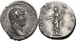 Hadrian (117-138). AR Denarius, 134-138 AD. D/ HADRIANVS AVG COS III PP. Bare head right. R/ FORTVNA AVG. Fortuna standing left, holding patera and co...