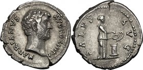 Hadrian (117-138). AR Denarius, 134-138 AD. D/ HADRIANVS AVG COS III PP. Bare head right. R/ SALVS AVG. Salus standing right, feeding snake coiled rou...