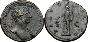 Hadrian (117-138). AE Dupondius, 119-121. D/ IMP CAESAR TRAIANVS HADRIANVS AVG PM TR P COS III. Radiate bust right, with drapery on left shoulder. R/ ...