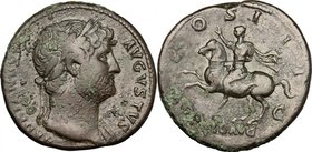 Hadrian (117-138). AE Sestertius, 125-128 AD. D/ HADRIANVS AVGVSTVS.Laureate head right. R/ COS III SC EXPED AVG (in exergue). Hadrian on horseback le...