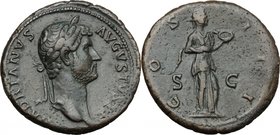 Hadrian (117-138). AE As, 125-128. D/ HADRIANVS AVGVSTVS. Laureate head right. R/ COS III SC. Salus standing right, feeding snake, held in her arms, o...