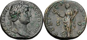Hadrian (117-138). AE Sestertius, 134-138. D/ HADRIANVS AVG COS III P P. Laureate bust right with drapery on left shoulder. R/ FELICITAS AVG SC. Felic...