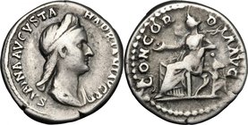 Sabina, wife of Hadrian (died 137 AD). AR Denarius, Rome mint. D/ SABINA AVGVSTA HADRIANI AVG PP. Diademed and draped bust right. R/ CONCORDIA AVG. Co...