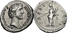 Antoninus Pius (138-161). AR Denarius, 139 AD. D/ ANTONINVS AVG PIVS PP. Bare head right. R/ TR POT COS II. Fortuna standing left, holding rudder and ...