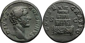 Antoninus Pius (138-161). AE Sestertius, struck under Marcus Aurelius. D/ DIVVS ANTONINVS. Bare head right. R/ CONSECRATIO SC. Funeral pyre of four ti...