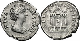 Faustina I, wife of Antoninus Pius (died 141 AD). AR Denarius. D/ DIVA FAVSTINA. Draped bust right. R/ AED DIV FAVSTINAE. Hexastyle temple in which is...