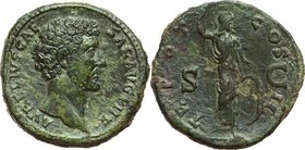 Marcus Aurelius as Caesar (139-161). AE Sestertius, 145 AD. D/ AVRELIVS CAESAR AVG PII F. Bare head right. R/ TR POT COS II SC. Minerva standing right...
