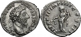 Marcus Aurelius (161-180). AR Denarius, 167-168 AD. D/ M ANTONINVS AVG ARM PARTH MAX. Laureate head right. R/ TR P XXII IMP IIII COS III. Aequitas sta...